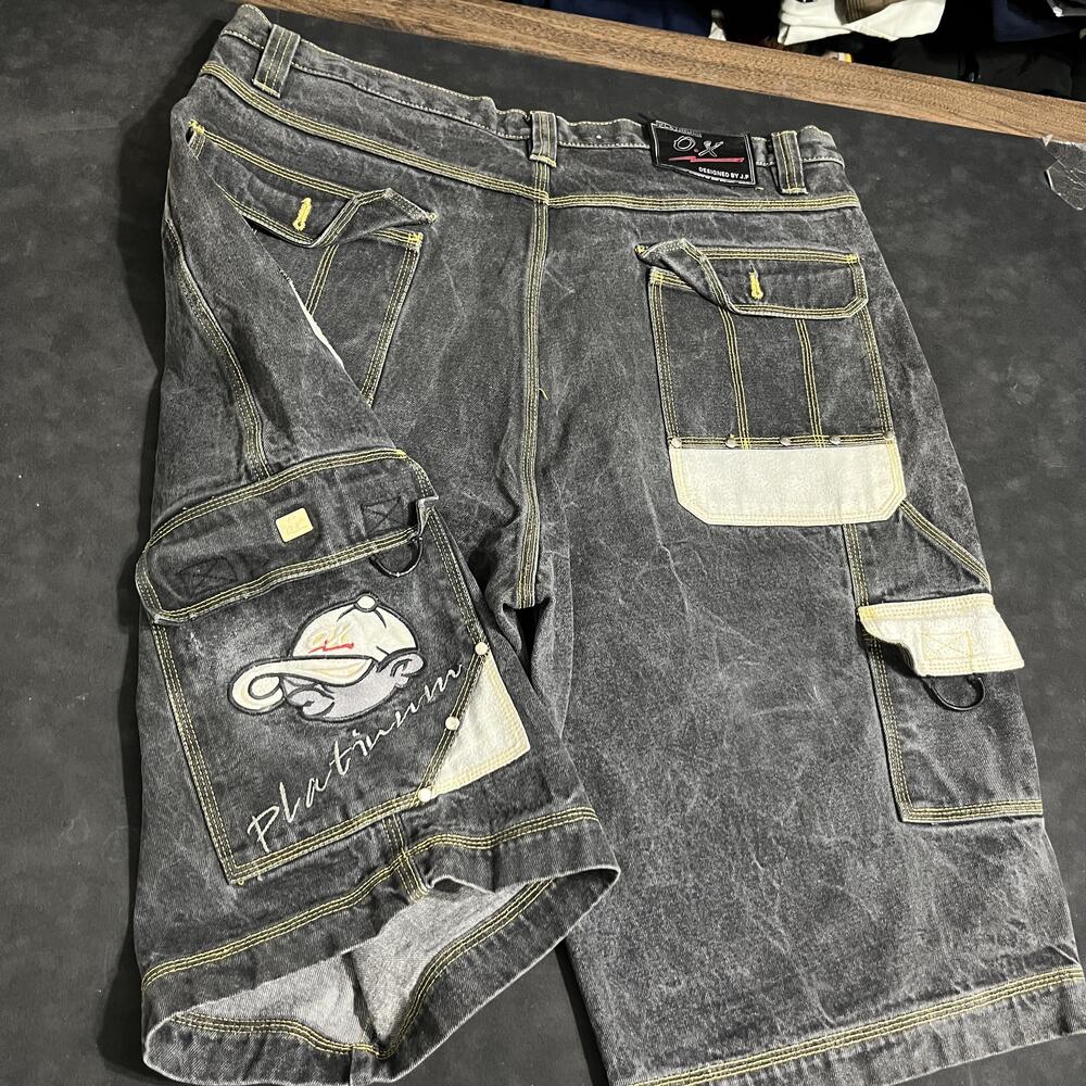 Fubu Platinum Cargo Denim Shorts Mens 42 Gray Baggy JNCO Acid Wash Streetwear